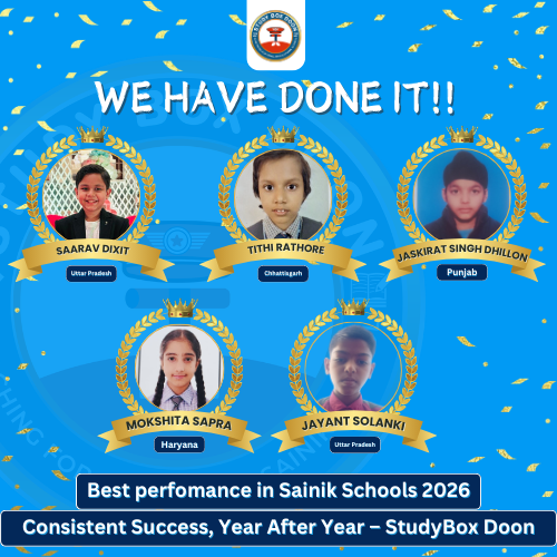 We have done it! Saarav Dixit, Tithi Rathore, Jaskirat Singh Dhillon, Mokshita Sapra and Jayant Solanki. Best performance in Sainik Schools 2026.
