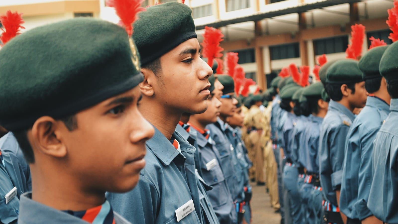 NCC cadets in uniform standing in rank
